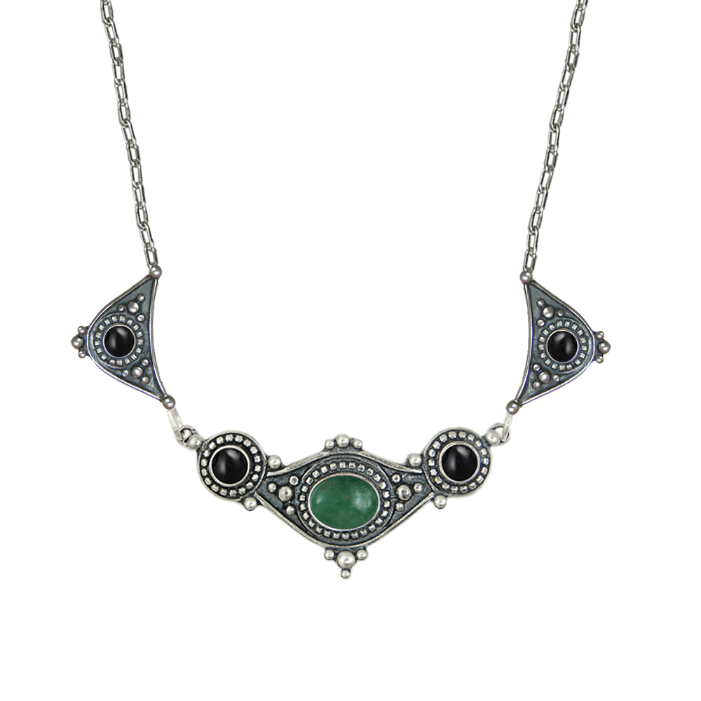 Sterling Silver Romantic Necklace With Jade And Black Onyx